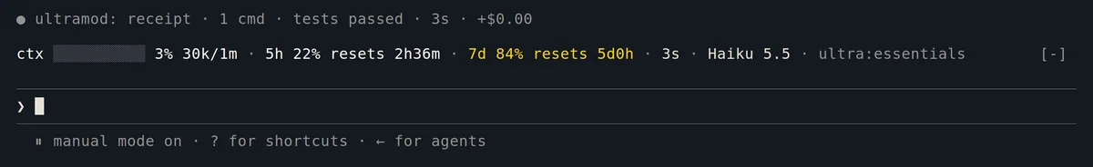 The HUD row above the prompt, with the receipt line above it: context at 3 percent (30k of 1m), the five-hour window at 22 percent with 2h36m to its reset, the seven-day window at 84 percent with 5d0h to go, turn time 3s, model Haiku 5.5, set essentials.